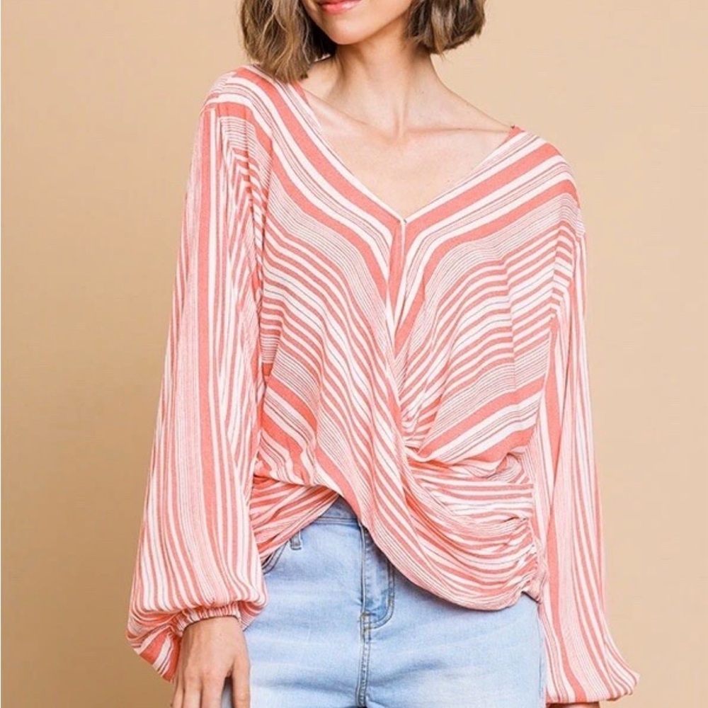 Umgee Striped V Neck Blouse Womens Large L Coral White Twist Front Boho Top
